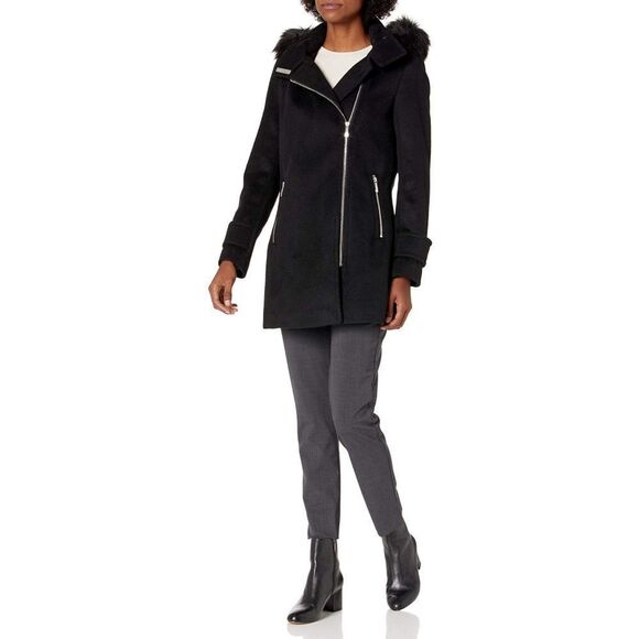 New! CALVIN KLEIN Wool-Blend Hooded Faux Fur Black Coat Jacket XL Zip-Front - Picture 6 of 12